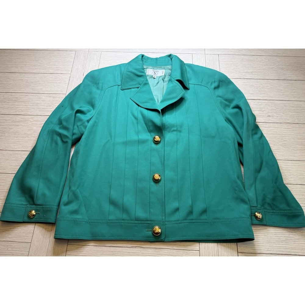 Valentino Miss V VTG Lined 100% Wool Green Blazer Gold Buttons Italy Sz 12 Luxe